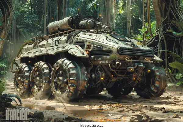 The military vehicle rides through the jungle