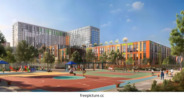 Colorful schoolyard with children playing and a basketball court