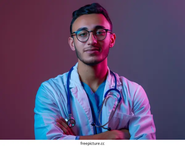 Portrait of a young male doctor wearing a lab coat and stethoscope