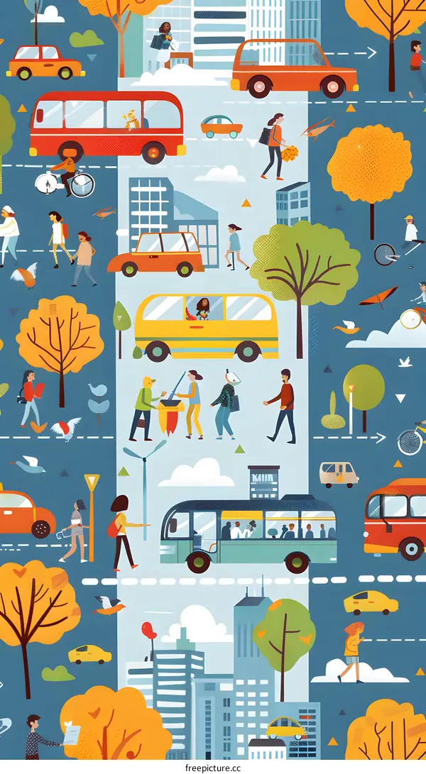 City Life Illustration with People Walking and Driving