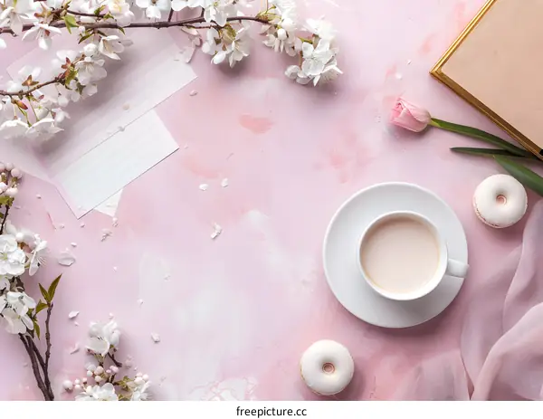 Flat Lay with Coffee Cup Flowers and Macarons on Pink Background