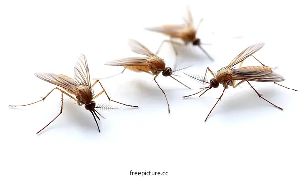 Close-up of Three Mosquitoes on White Background
