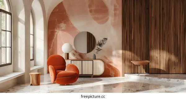 Modern Interior Design With Orange Chair And Marble Floor