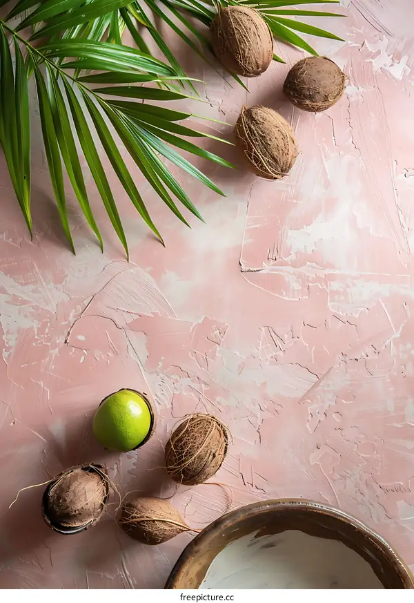 Tropical Fruits and Palm Leaves on Pink Background