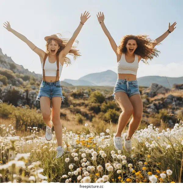 Two young women jumping in a field of flowers