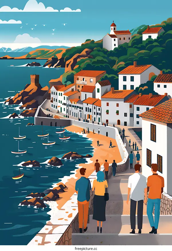 Mediterranean Village Illustration with People Walking by the Sea
