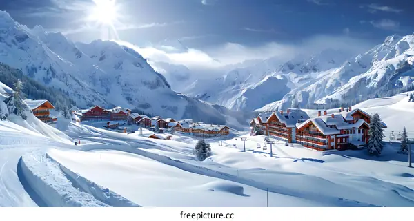 Snowy Mountain Village Landscape