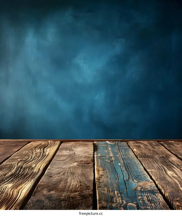 Rustic Wooden Tabletop Against a Blue Wall Background