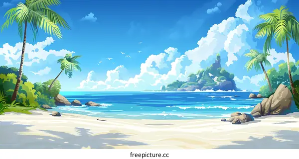 Tropical Beach Landscape Illustration with Palm Trees, Ocean, and White Sand