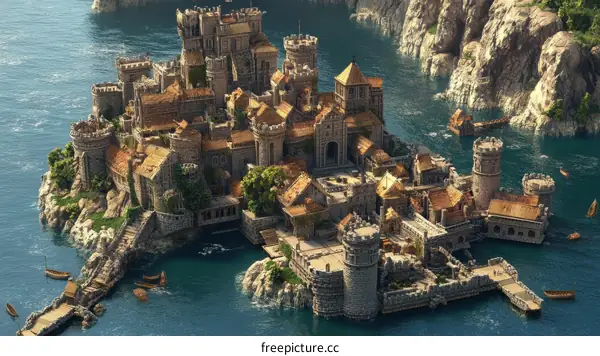 Medieval Island Fortress Cityscape Illustration