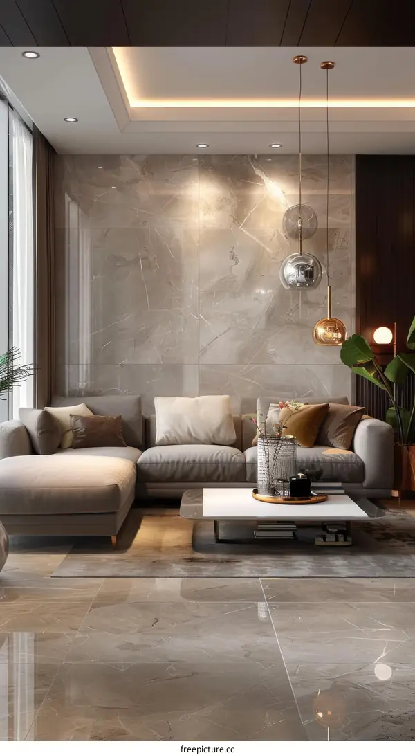Modern living room interior with marble wall
