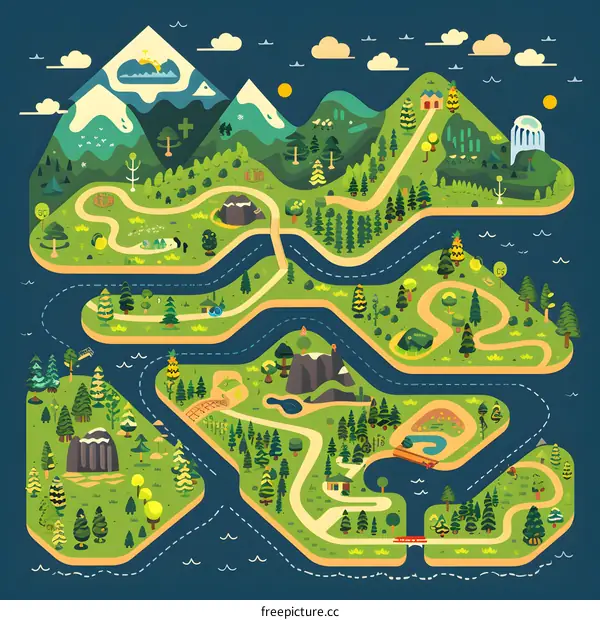 Cartoon Illustration of a Detailed Green Forest with a Mountain