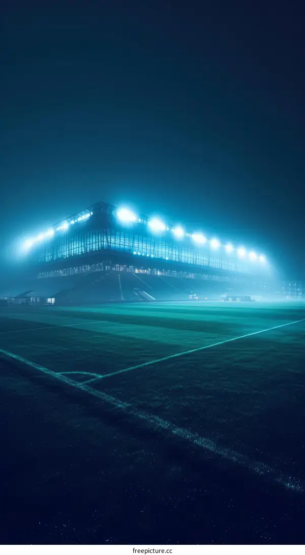 An empty football stadium at night with the lights on