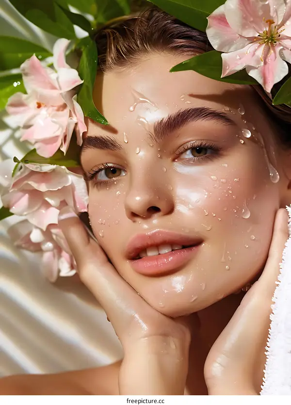 Beautiful Woman with Water Drops on Face and Flowers