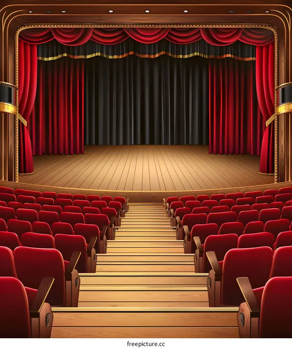 Empty Stage with Red Curtains and Audience Seats