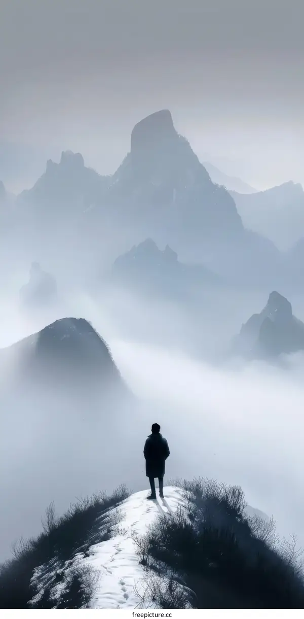 A Solitary Figure Stands on a Mountaintop Overlooking a Misty Landscape