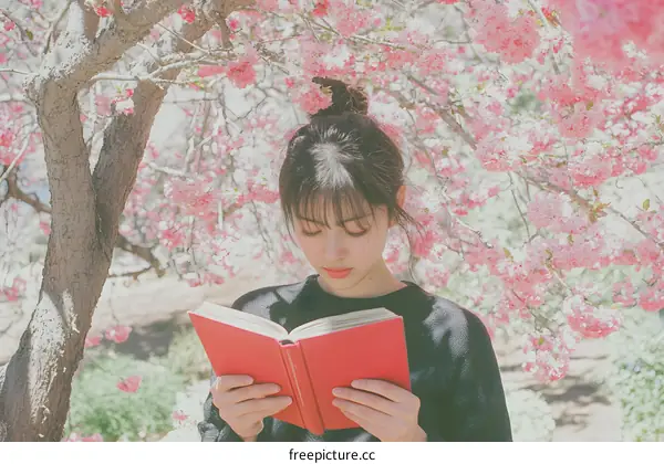Young Woman Reading a Book Underneath a Cherry Blossom Tree