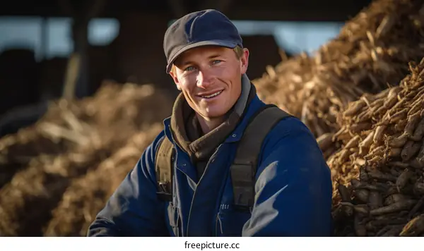 portrait of a smiling young male farmer in a barn