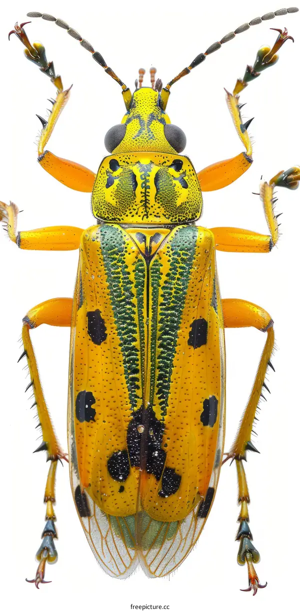 A brightly colored beetle with yellow, green, and black markings