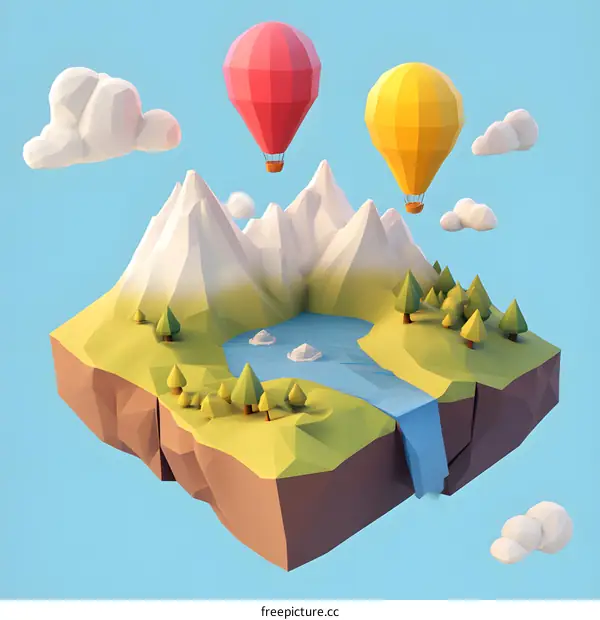 Low Poly 3D Illustration of Floating Landscape with Hot Air Balloons