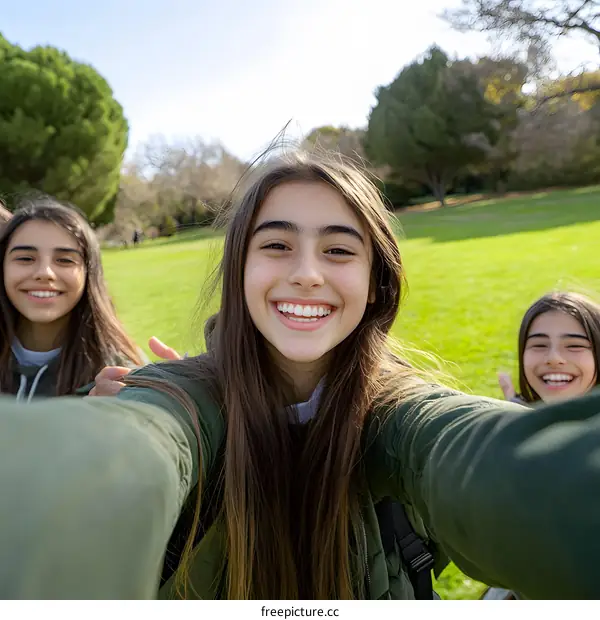 Happy Friends Taking Selfie in Park