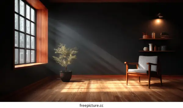 Modern Minimalist Room with Sunlight and Wooden Chair