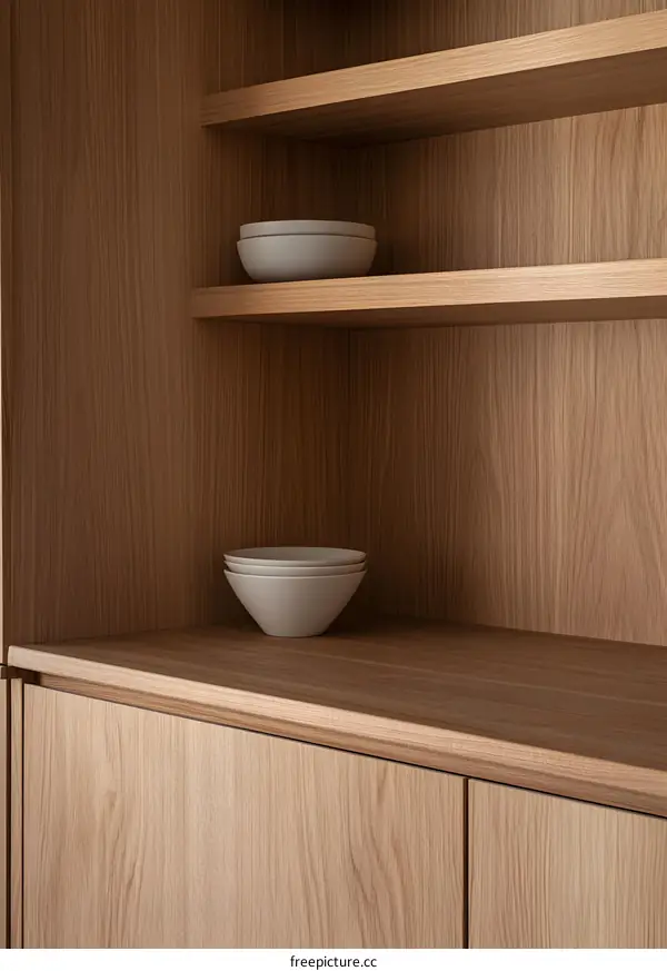 Wooden Kitchen Cabinet With White Bowls