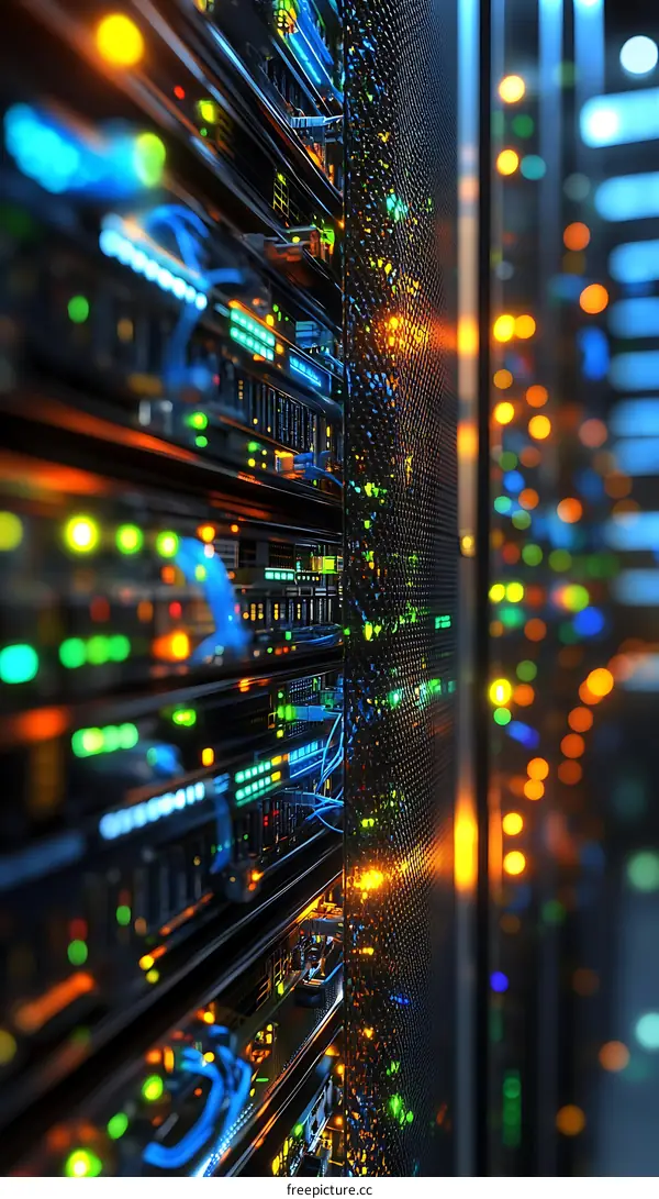 Server Rack Close-up with Colorful Lights