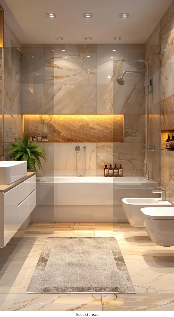 Modern Luxurious Bathroom Design with Subtle Rug