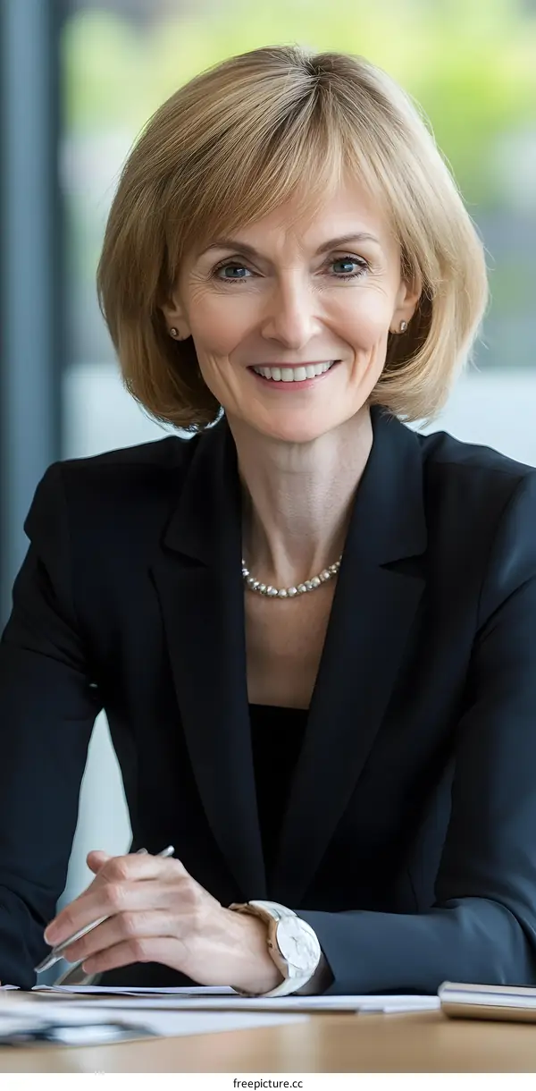 Businesswoman Sitting at a Desk with a Pen and Papers