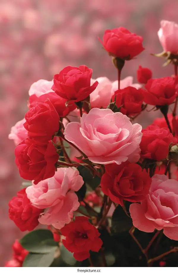 Closeup View of Vibrant Red and Pink Roses