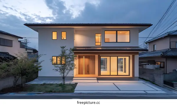 Modern Two Story House Exterior With Wooden Beams