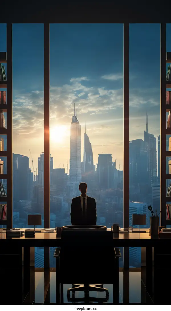 Businessman gazes out the window of his office at the city below