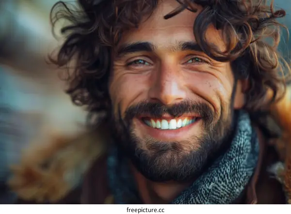 Close Up Portrait of a Smiling Man with Curly Hair