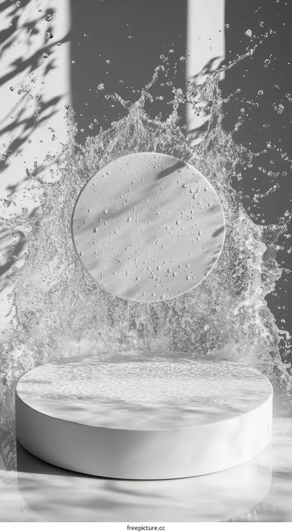 White Round Platform with Water Splash and Shadows