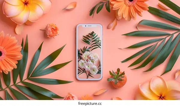 Pink and Orange Flowers with a Phone on a Pink Background