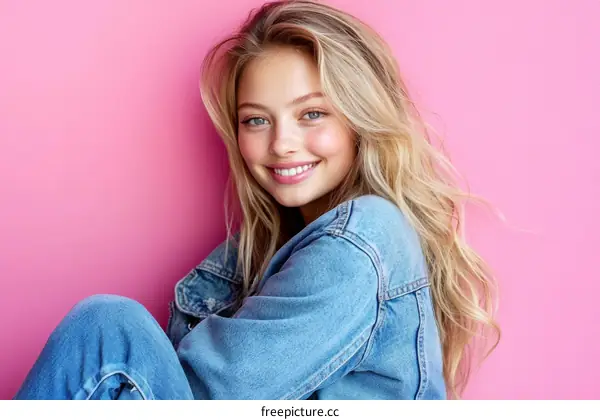 Beautiful Woman in a Denim Jacket on a Pink Background