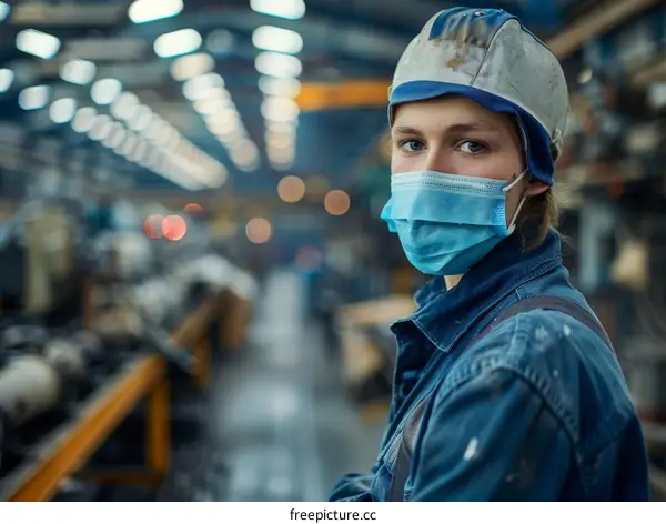 Portrait of a Female Industrial Worker Wearing a Hard Hat and a Face Mask