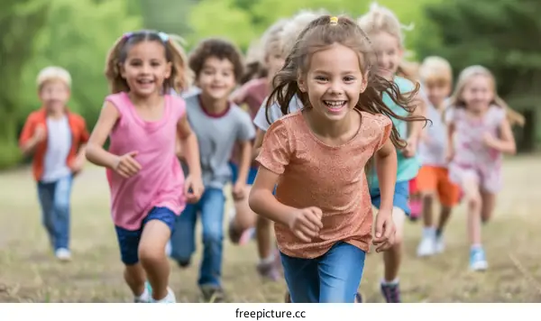 A group of happy children are running on a field