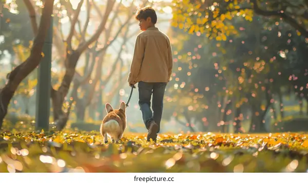 A boy walking his dog in the park