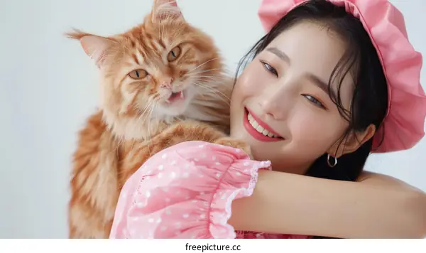 A woman in a pink dress is hugging an orange cat