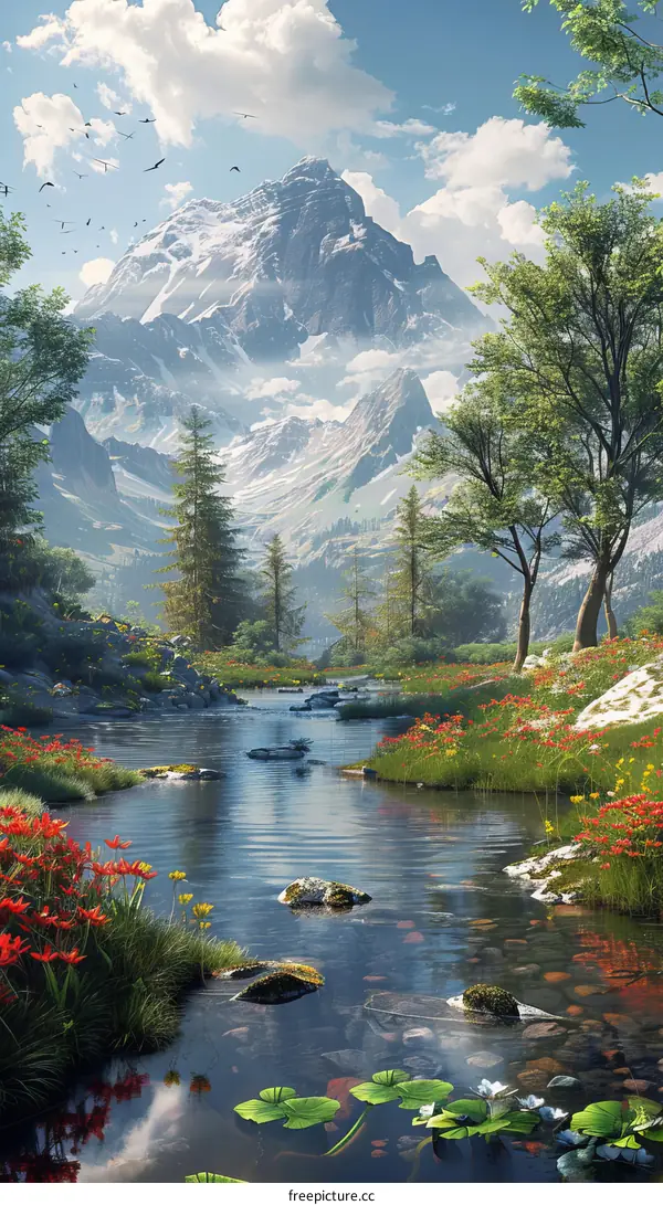 A river winds through a mountain valley