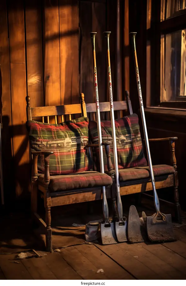 Three old wooden chairs with pillows and ski poles in a rustic cabin