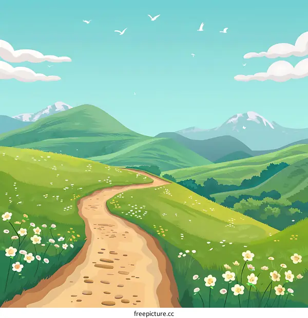 Winding Path Through Green Hills With Snow Capped Mountains in the Distance