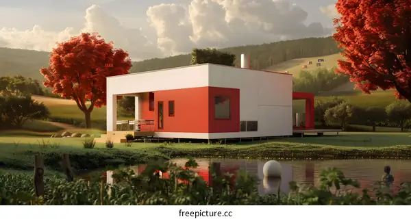Modern House with Red and White Exterior in a Lush Green Meadow