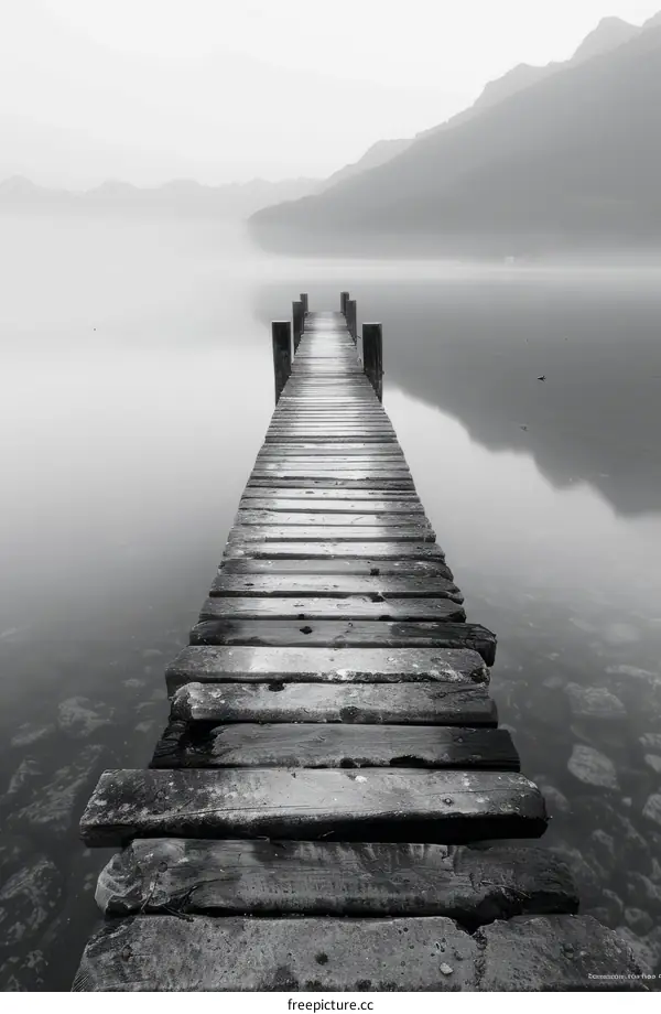 Serene Still Lake with Dock and Foggy Mountain Background