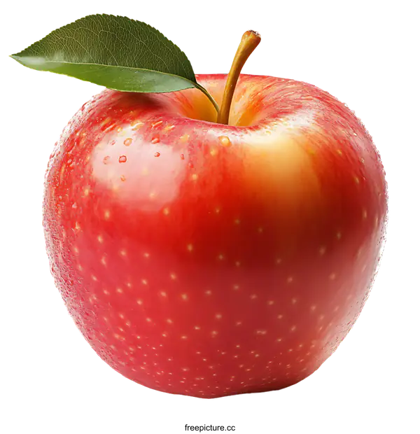 [Transparent Background PNG]Closeup of a Fresh Red Apple with a Leaf