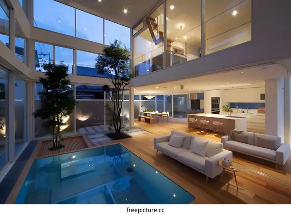 Modern Home Interior Design with Indoor Pool and Garden