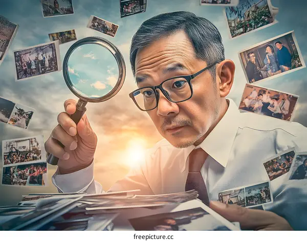 Man Looking Through Old Photos With Magnifying Glass