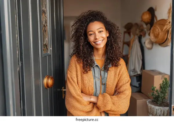 Smiling Woman Welcoming Guest at Home Entrance